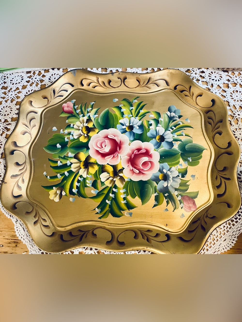 Vintage Gold Floral Hand-Painted Tole Wear Tray with Pink Roses